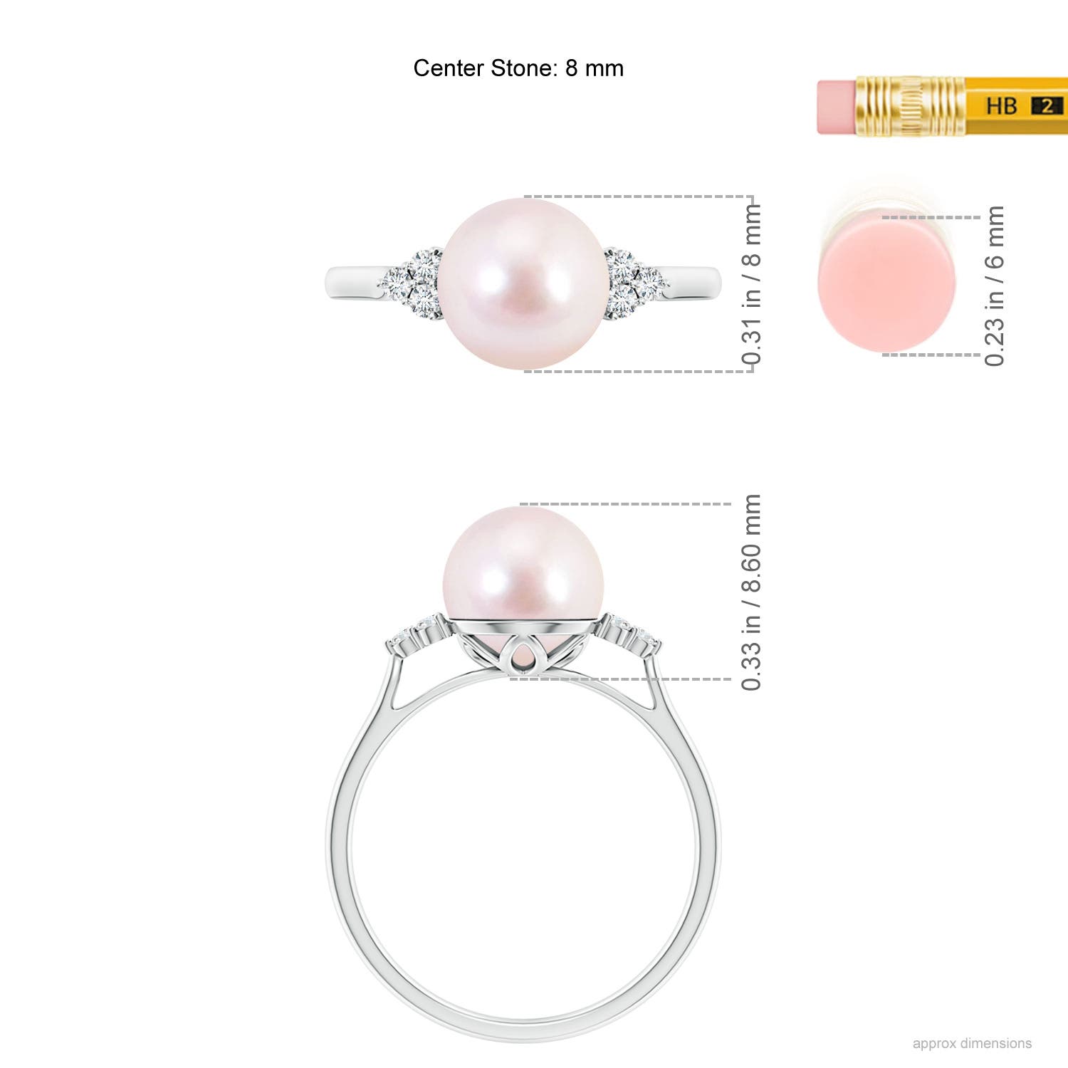 8mm AAAA Japanese Akoya Pearl Ring with Trio Diamonds in White Gold - ruler