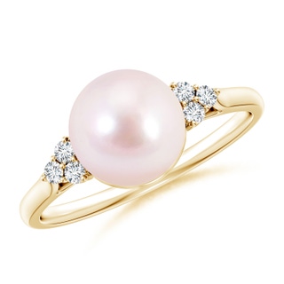 8mm AAAA Japanese Akoya Pearl Ring with Trio Diamonds in Yellow Gold