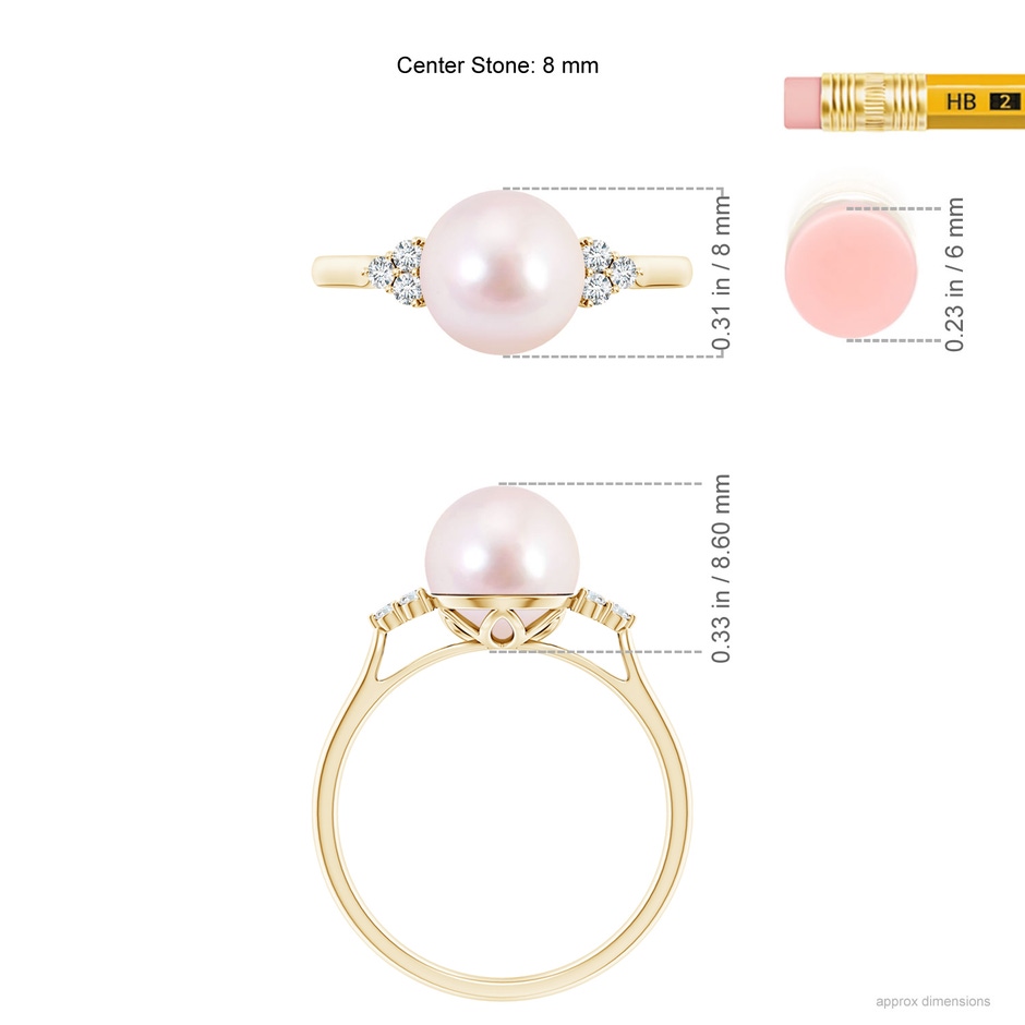 8mm AAAA Japanese Akoya Pearl Ring with Trio Diamonds in Yellow Gold ruler
