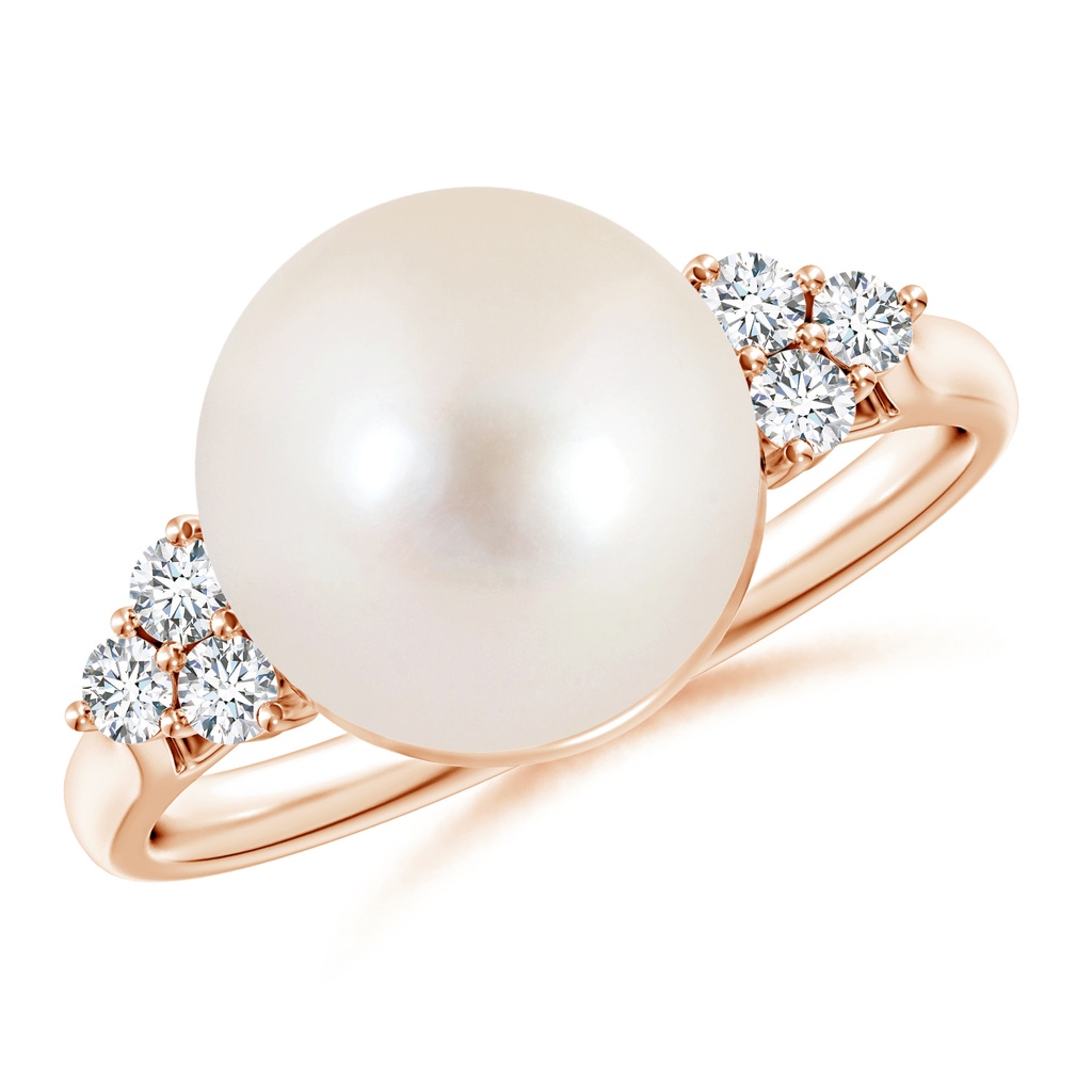10mm AAAA Freshwater Cultured Pearl Ring with Trio Diamonds in Rose Gold