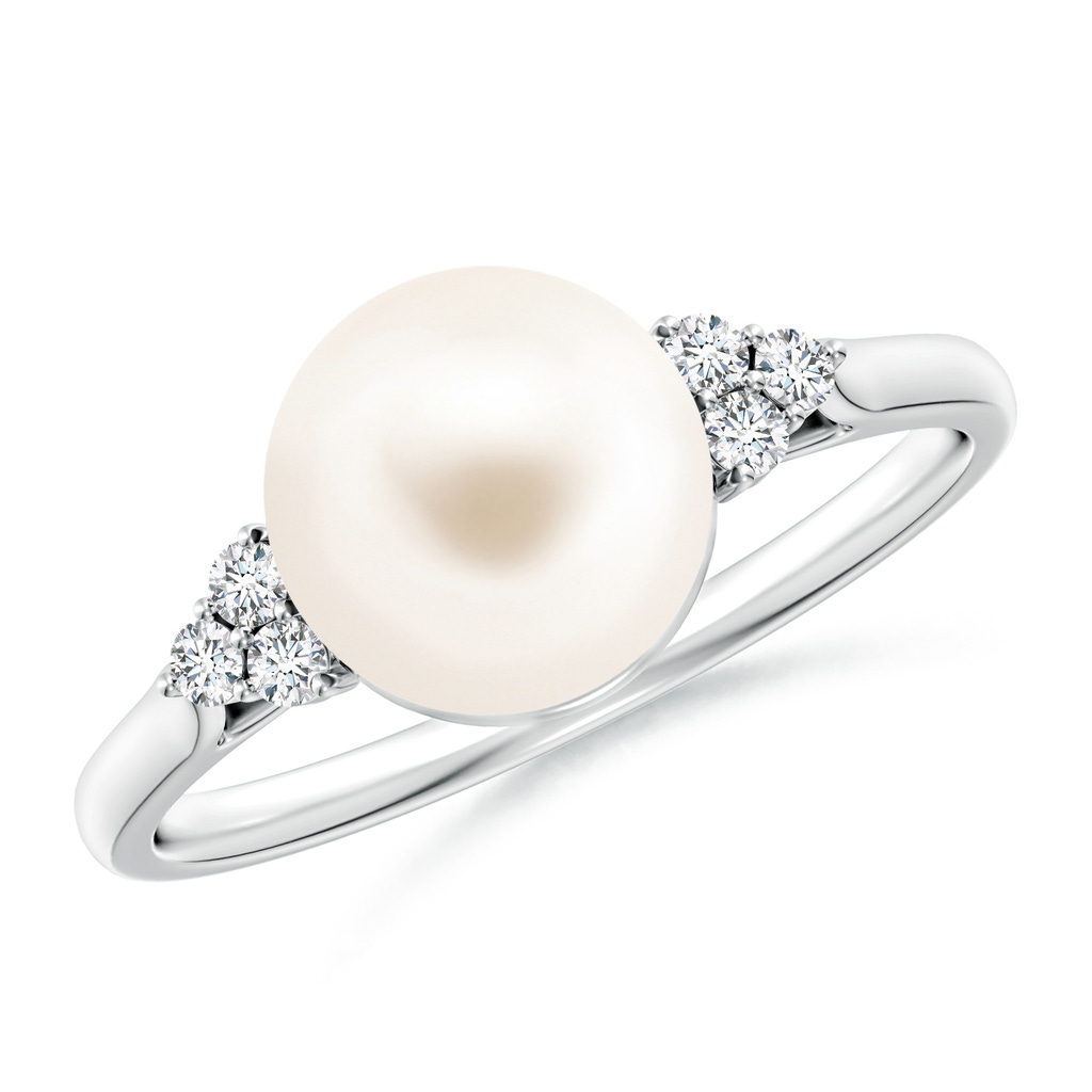 8mm AAA Freshwater Cultured Pearl Ring with Trio Diamonds in White Gold