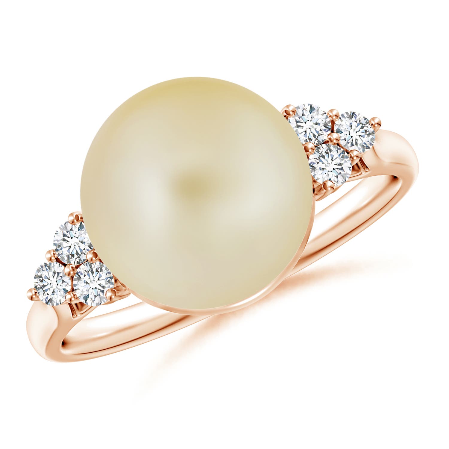 10mm A Golden South Sea Pearl Ring with Trio Diamonds in Rose Gold