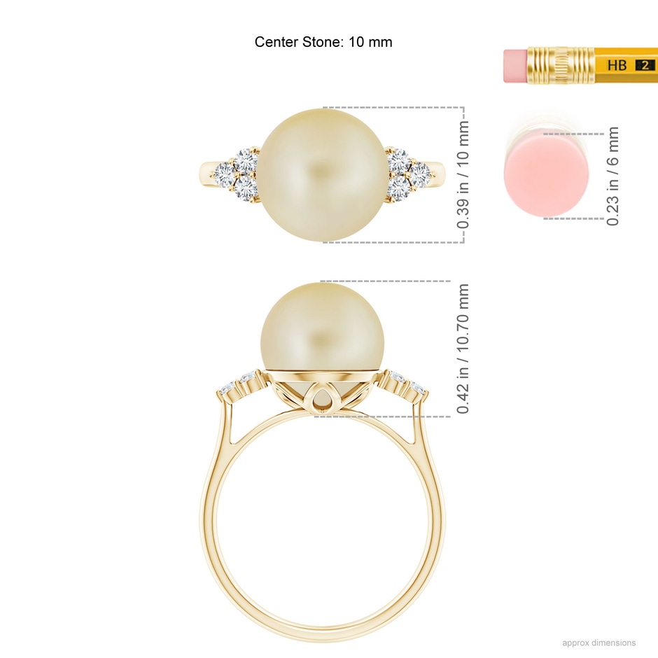10mm A Golden South Sea Pearl Ring with Trio Diamonds in Yellow Gold ruler