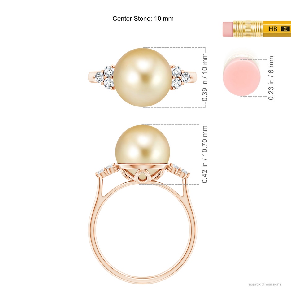 10mm AAAA Golden South Sea Pearl Ring with Trio Diamonds in Rose Gold ruler