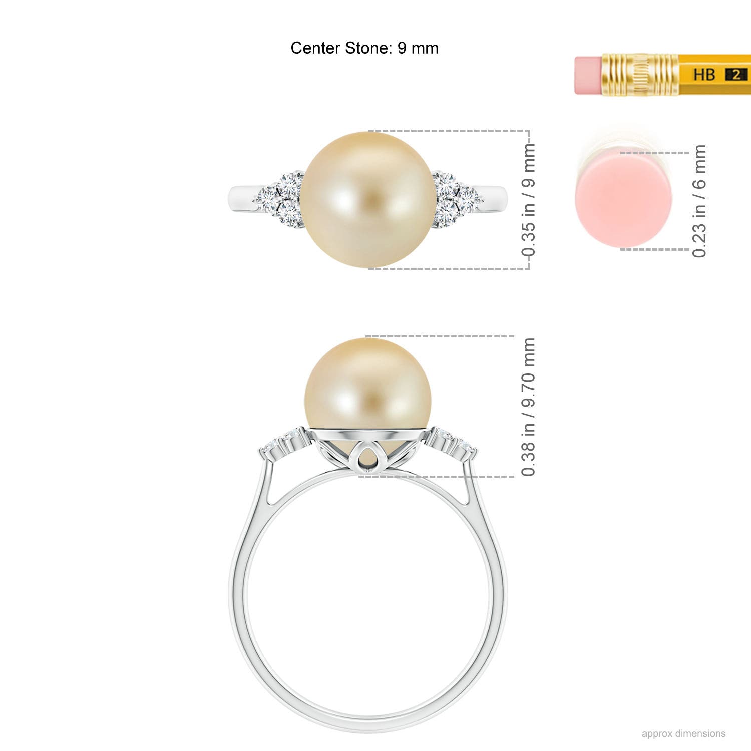 9mm AAA Golden South Sea Pearl Ring with Trio Diamonds in White Gold - ruler
