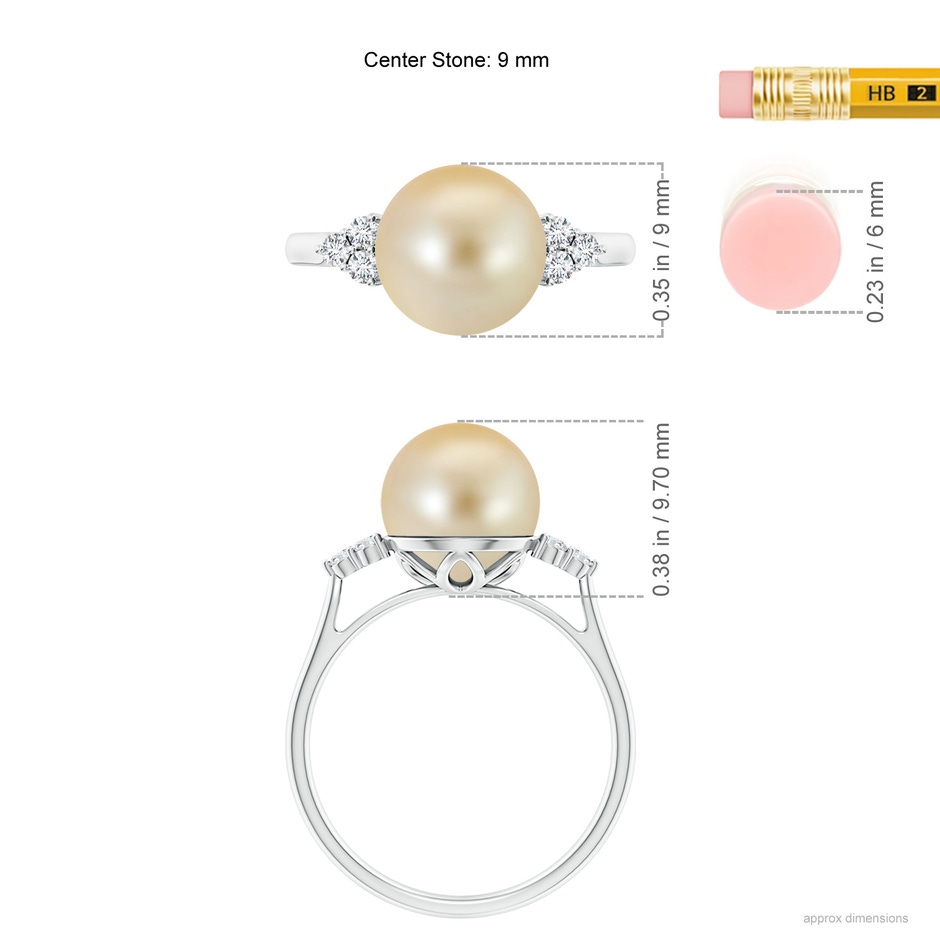 9mm AAA Golden South Sea Pearl Ring with Trio Diamonds in White Gold ruler
