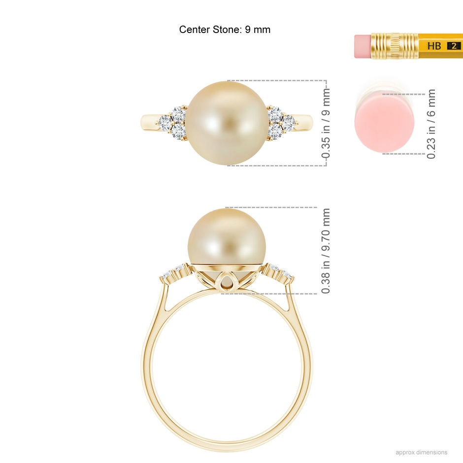 9mm AAA Golden South Sea Pearl Ring with Trio Diamonds in Yellow Gold ruler