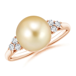 9mm AAAA Golden South Sea Pearl Ring with Trio Diamonds in 10K Rose Gold