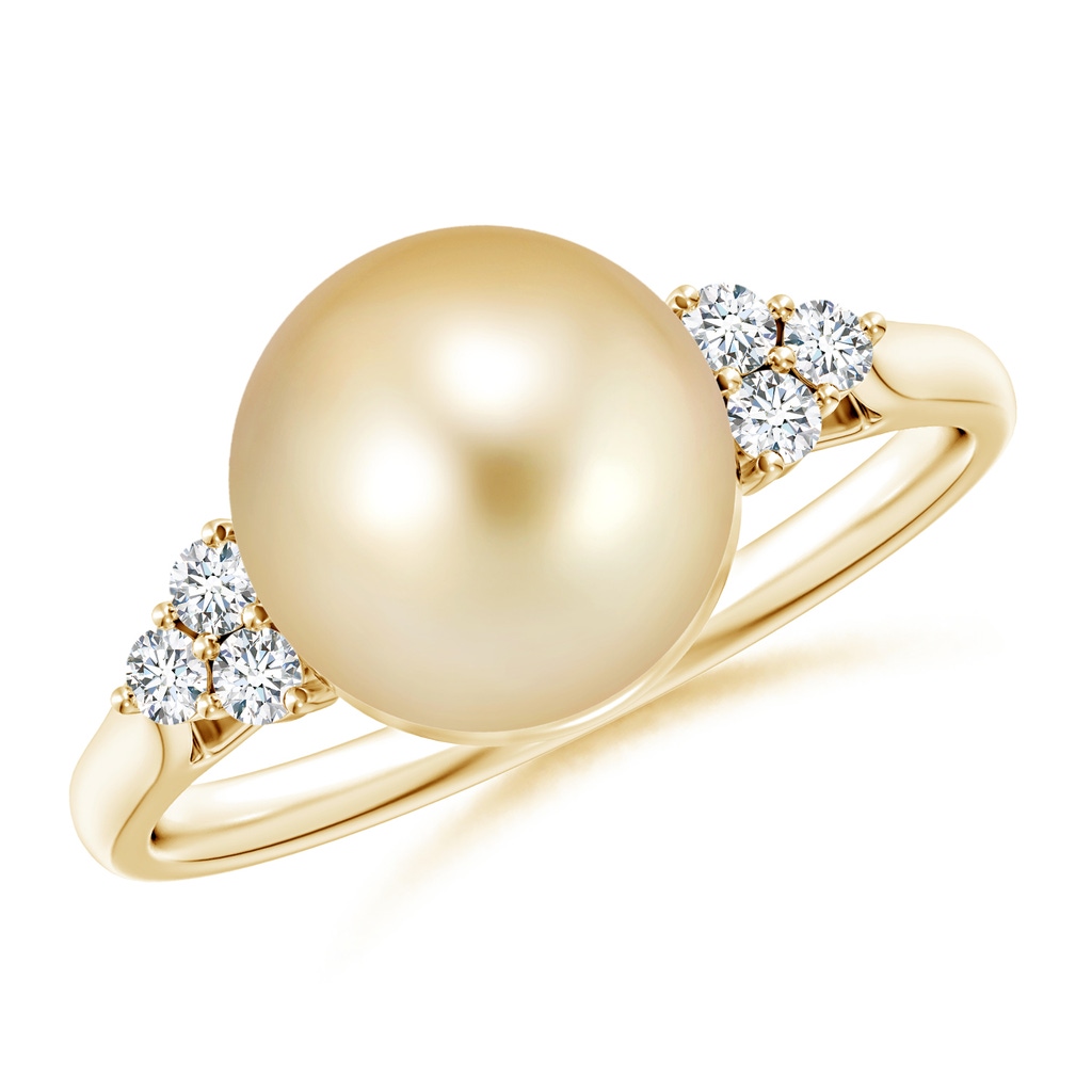 9mm AAAA Golden South Sea Pearl Ring with Trio Diamonds in Yellow Gold