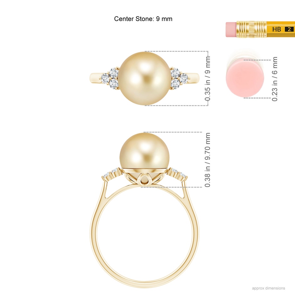 9mm AAAA Golden South Sea Pearl Ring with Trio Diamonds in Yellow Gold ruler