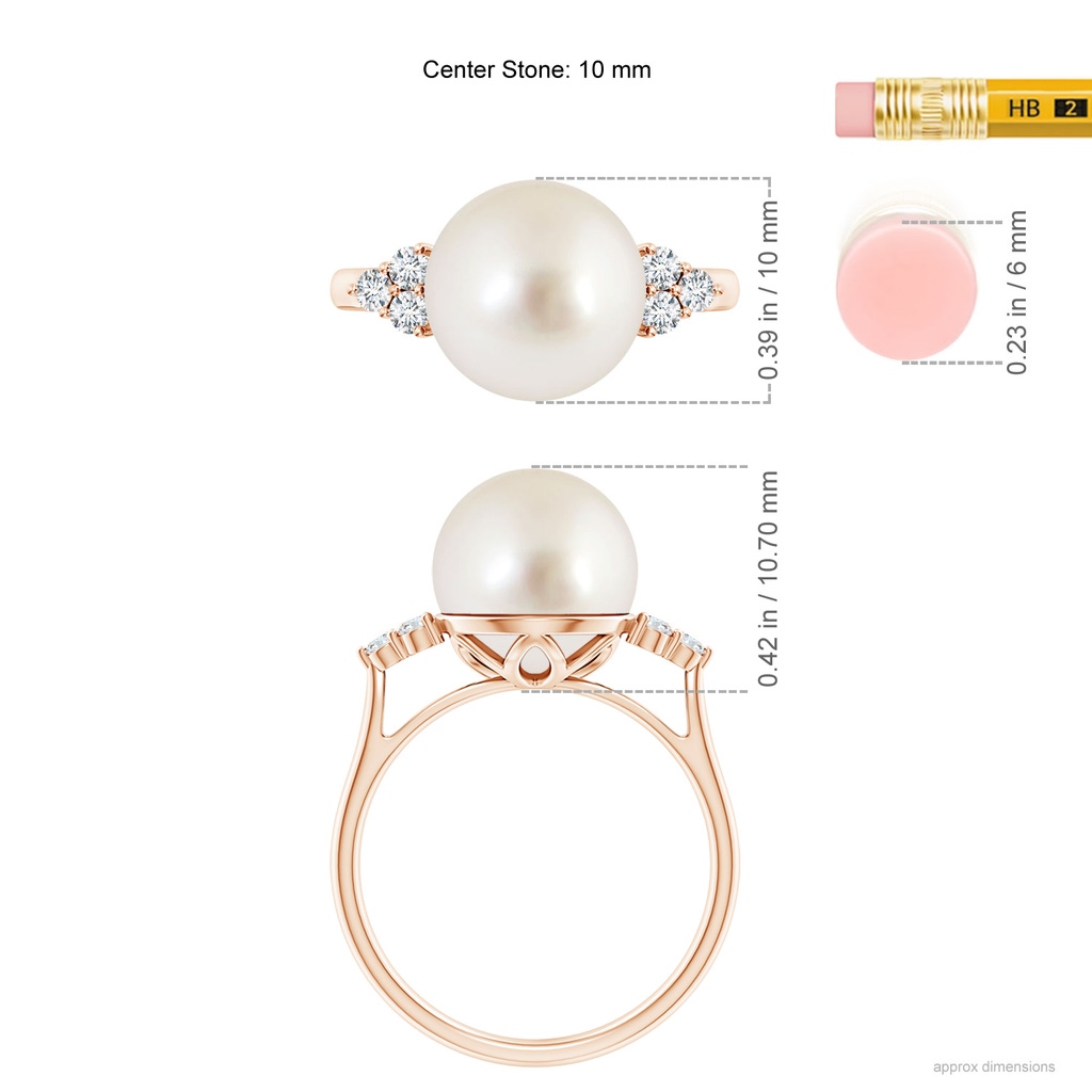 10mm AAAA South Sea Pearl Ring with Trio Diamonds in Rose Gold Ruler