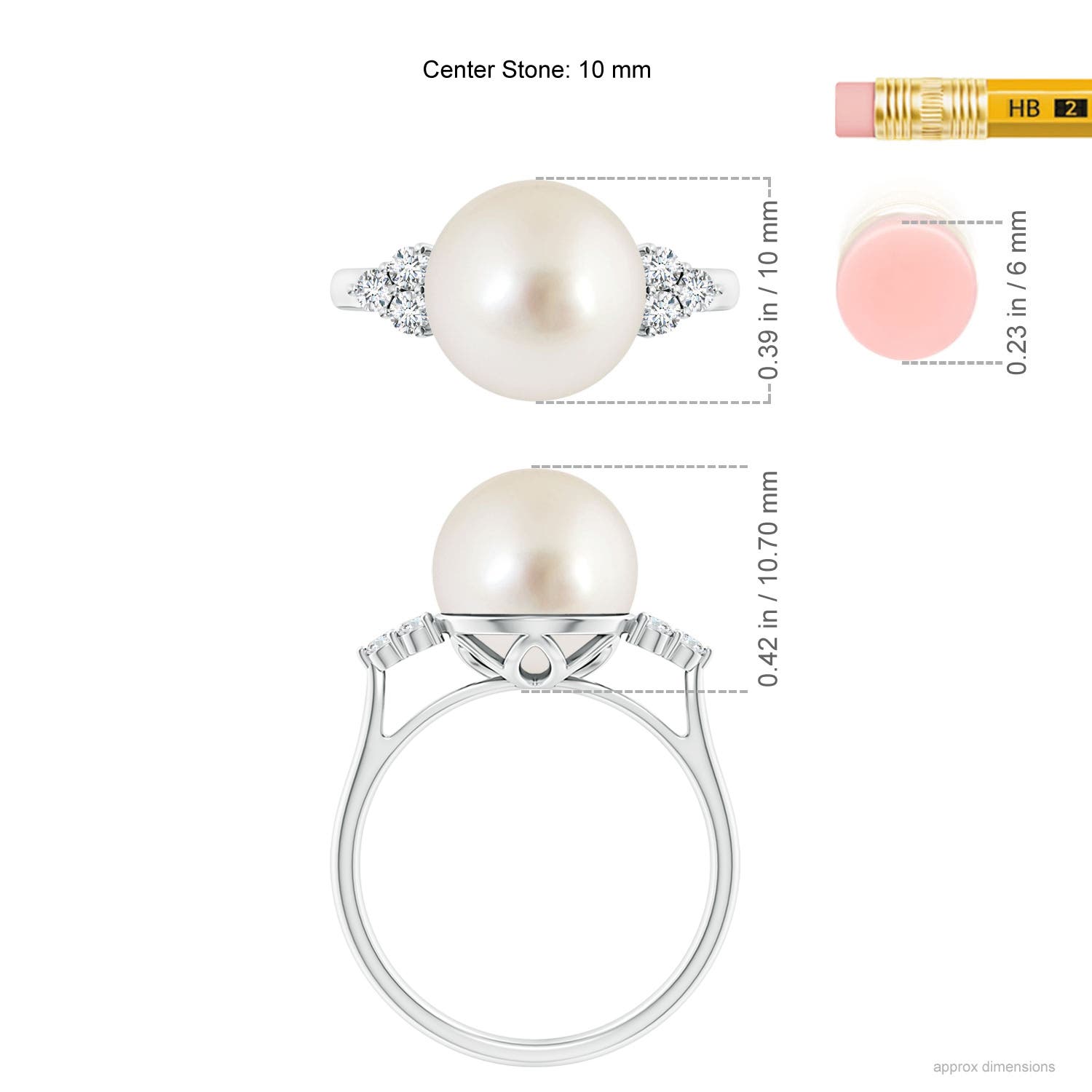 10mm AAAA South Sea Pearl Ring with Trio Diamonds in White Gold - ruler