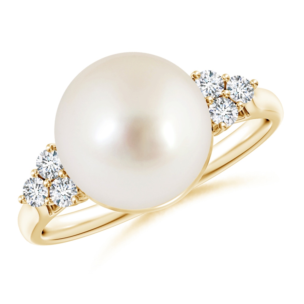 10mm AAAA South Sea Pearl Ring with Trio Diamonds in Yellow Gold