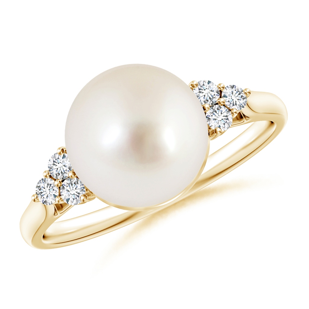 9mm AAAA South Sea Pearl Ring with Trio Diamonds in Yellow Gold