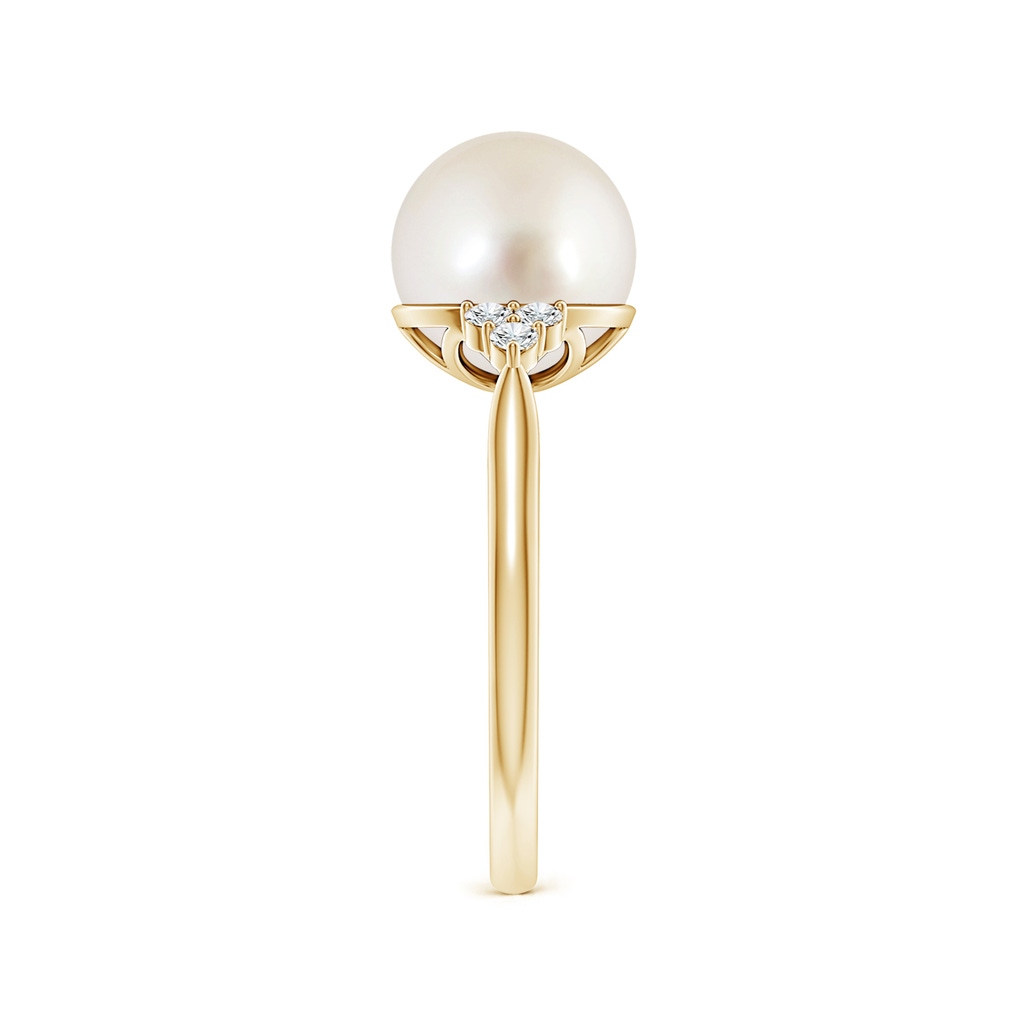 9mm AAAA South Sea Pearl Ring with Trio Diamonds in Yellow Gold Side-2