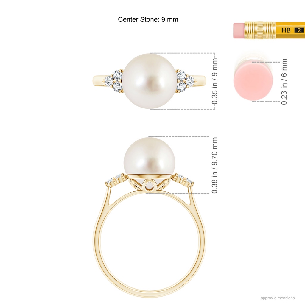9mm AAAA South Sea Pearl Ring with Trio Diamonds in Yellow Gold Ruler