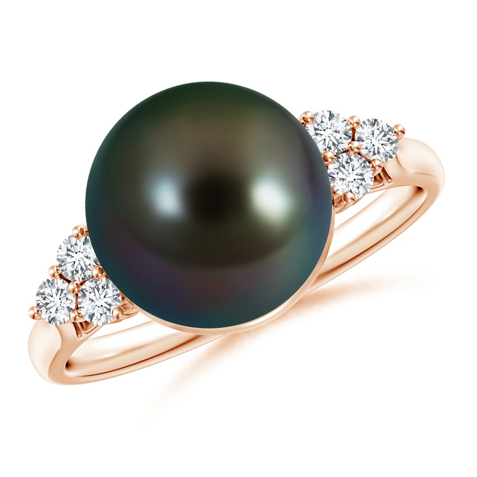 10mm AAAA Tahitian Pearl Ring with Trio Diamonds in Rose Gold 