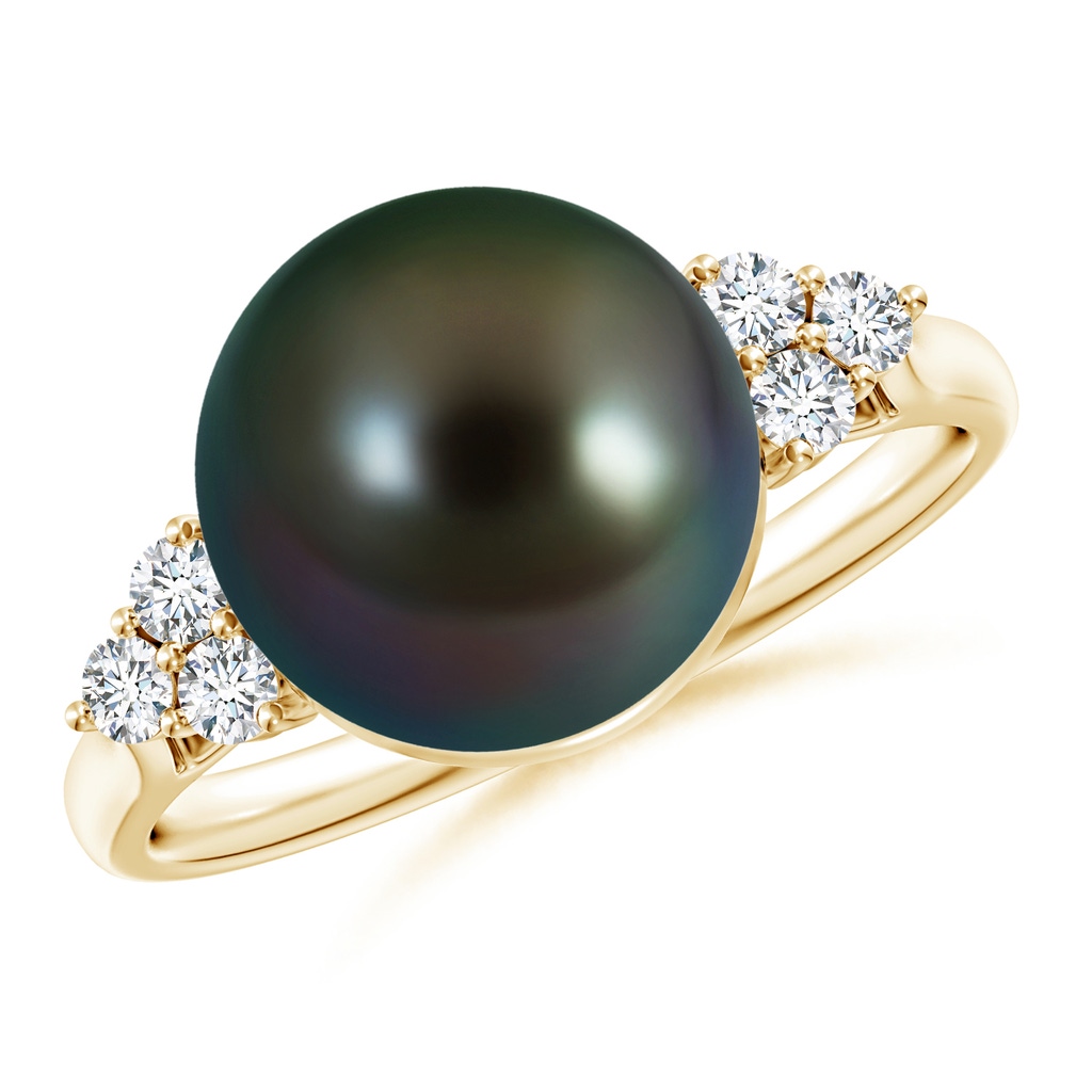 10mm AAAA Tahitian Pearl Ring with Trio Diamonds in Yellow Gold