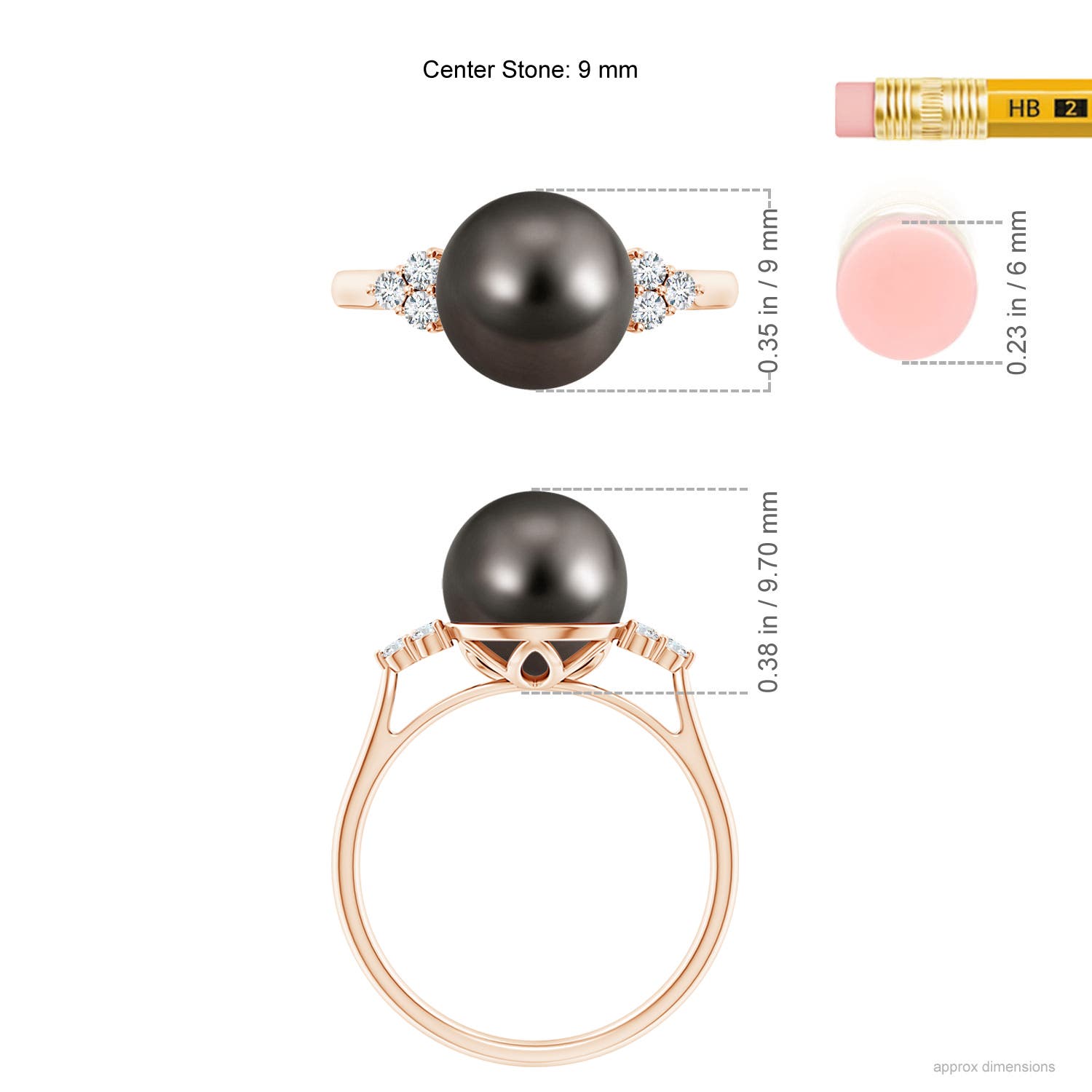 9mm AAA Tahitian Pearl Ring with Trio Diamonds in Rose Gold - ruler
