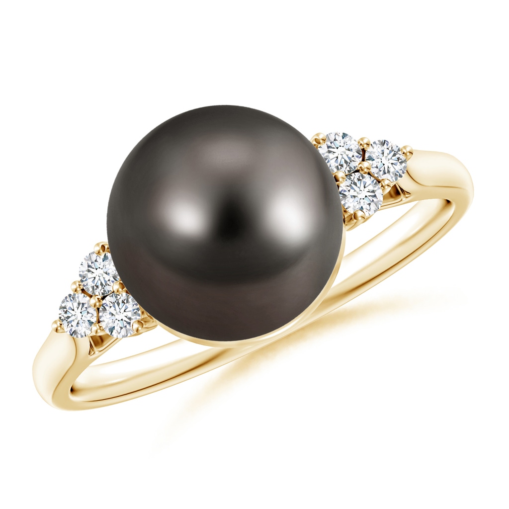 9mm AAA Tahitian Pearl Ring with Trio Diamonds in Yellow Gold