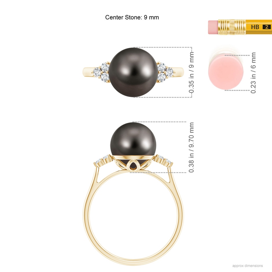 9mm AAA Tahitian Pearl Ring with Trio Diamonds in Yellow Gold ruler