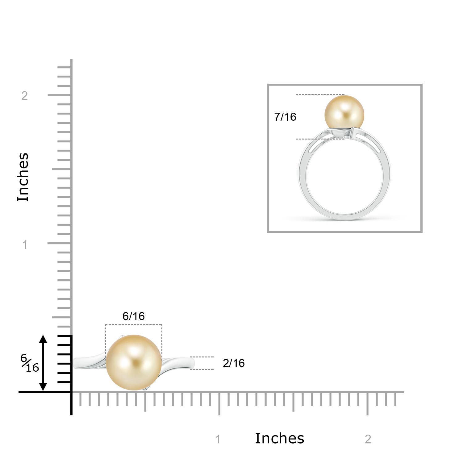 10mm AAAA Solitaire Golden South Sea Pearl Bypass Ring in White Gold - ruler