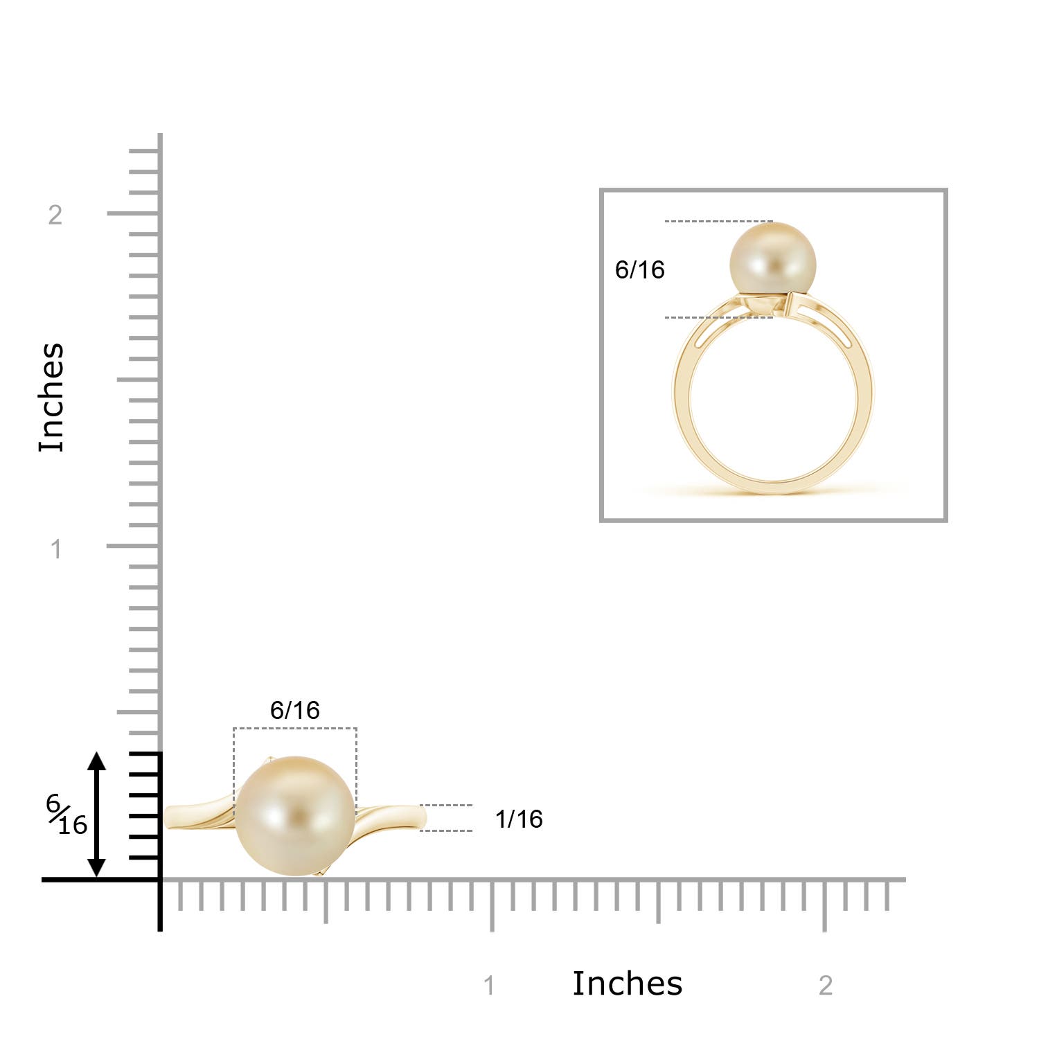9mm AAA Solitaire Golden South Sea Pearl Bypass Ring in Yellow Gold - ruler
