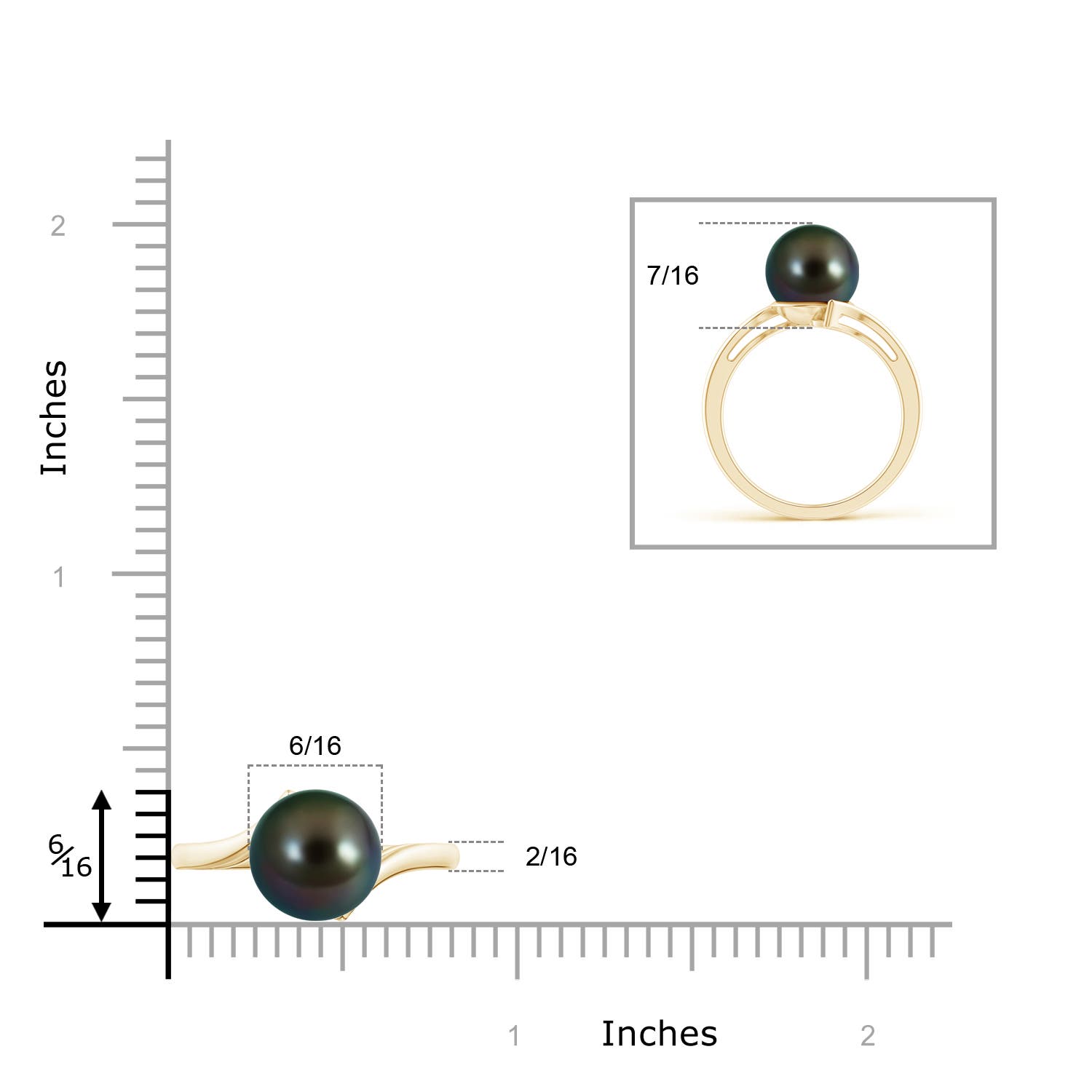 10mm AAAA Solitaire Tahitian Pearl Bypass Ring in Yellow Gold - ruler