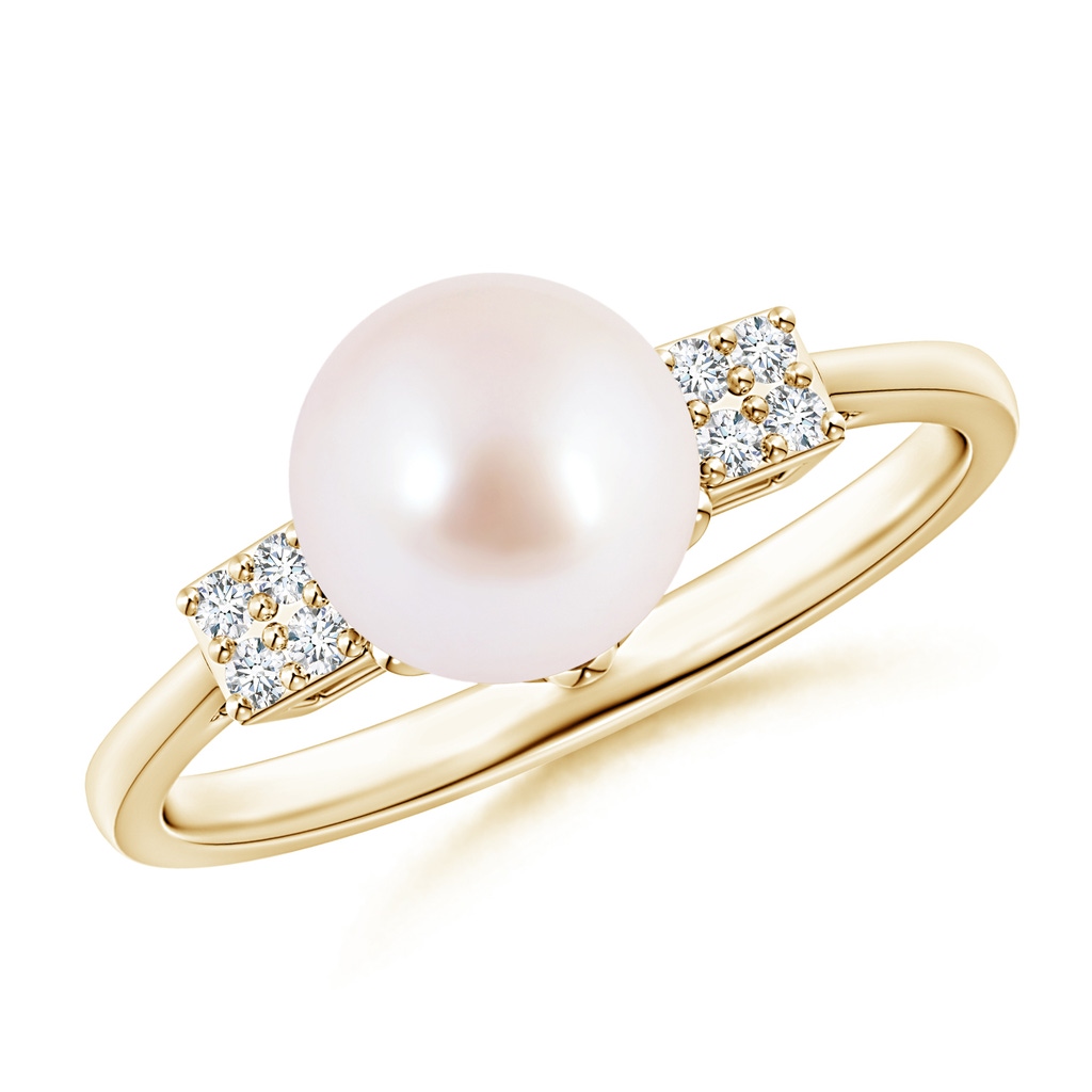 8mm AAA Japanese Akoya Pearl Ring with Cluster Diamonds in Yellow Gold