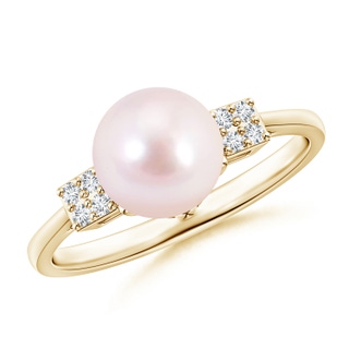 8mm AAAA Japanese Akoya Pearl Ring with Clustre Diamonds in Yellow Gold