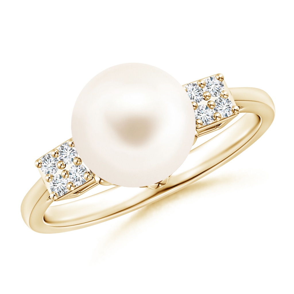 9mm AAA Freshwater Pearl Ring with Clustre Diamonds in Yellow Gold