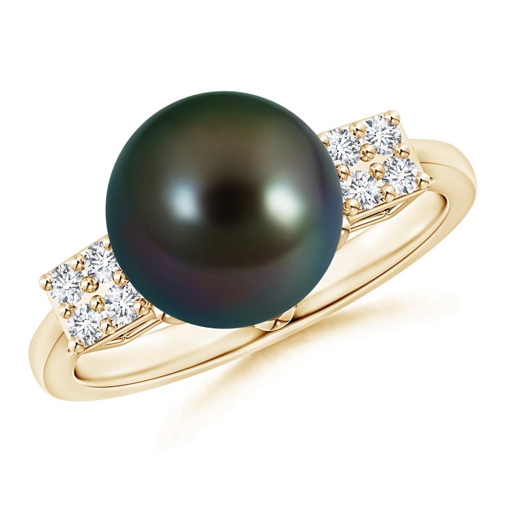 10mm AAAA Tahitian Pearl Ring with Clustre Diamonds in Yellow Gold