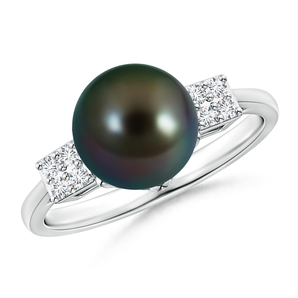 9mm AAAA Tahitian Pearl Ring with Cluster Diamonds in White Gold