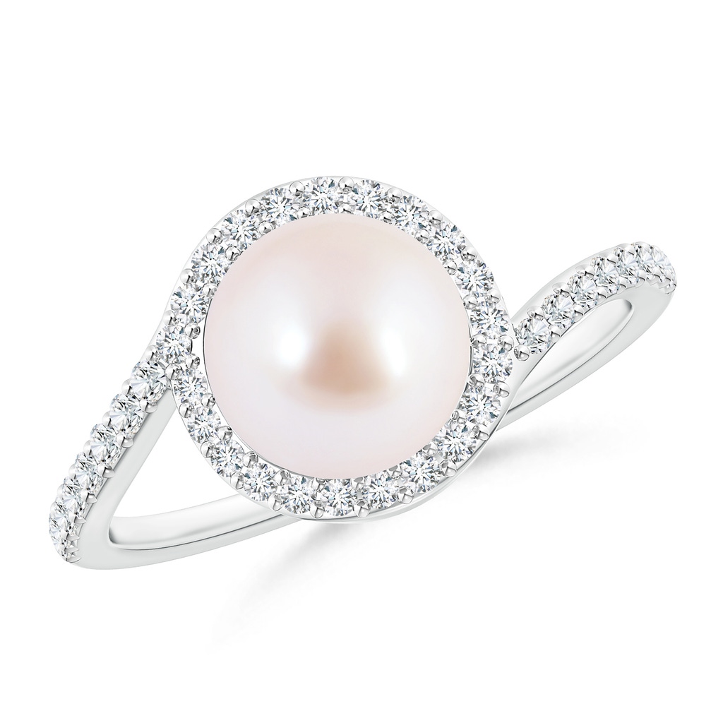 8mm AAA Akoya Cultured Pearl Bypass Ring with Diamond Halo in White Gold