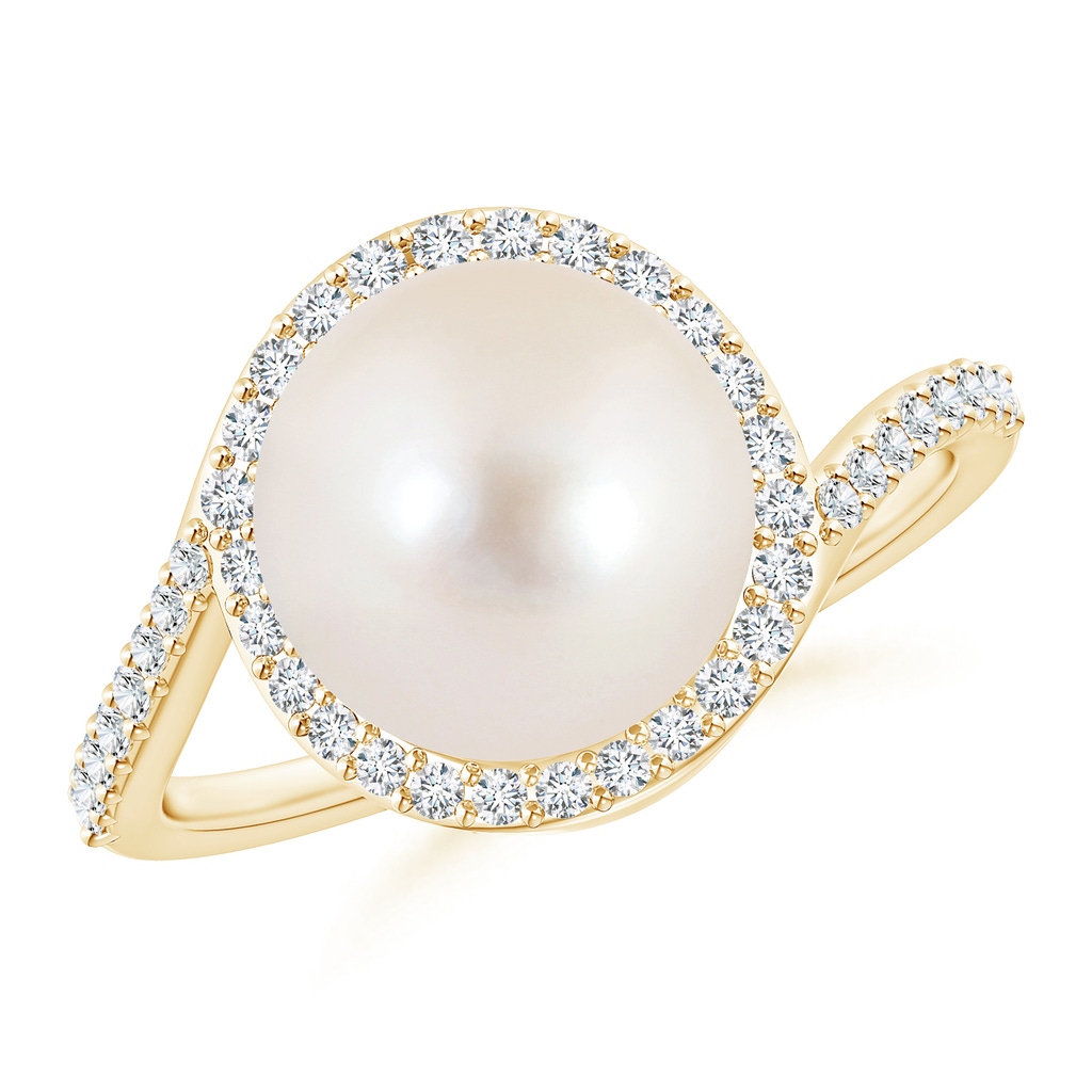 10mm AAAA Freshwater Cultured Pearl Bypass Ring with Diamond Halo in Yellow Gold