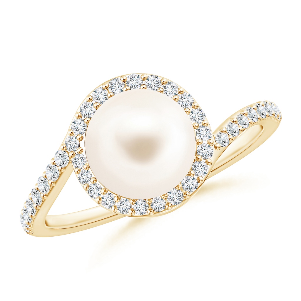 8mm AAA Freshwater Cultured Pearl Bypass Ring with Diamond Halo in Yellow Gold