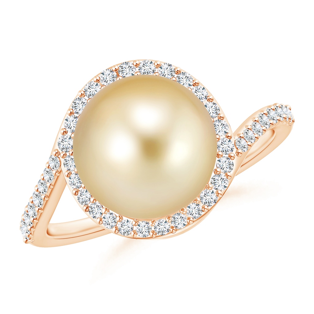 10mm AAAA Golden South Sea Cultured Pearl Bypass Ring with Diamond Halo in Rose Gold