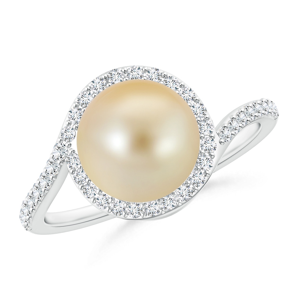 9mm AAA Golden South Sea Cultured Pearl Bypass Ring with Diamond Halo in White Gold