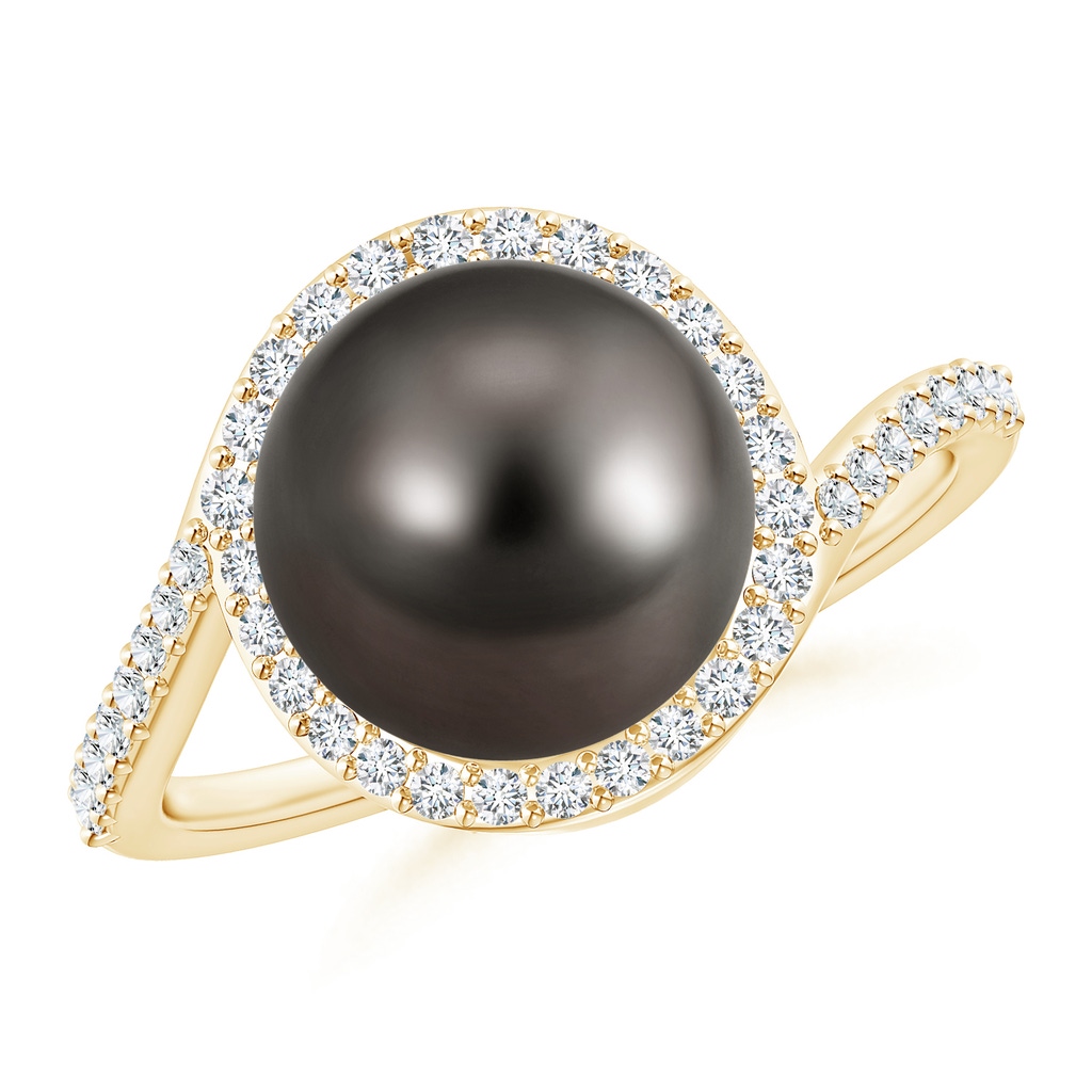 10mm AAA Tahitian Pearl Bypass Ring with Diamond Halo in Yellow Gold