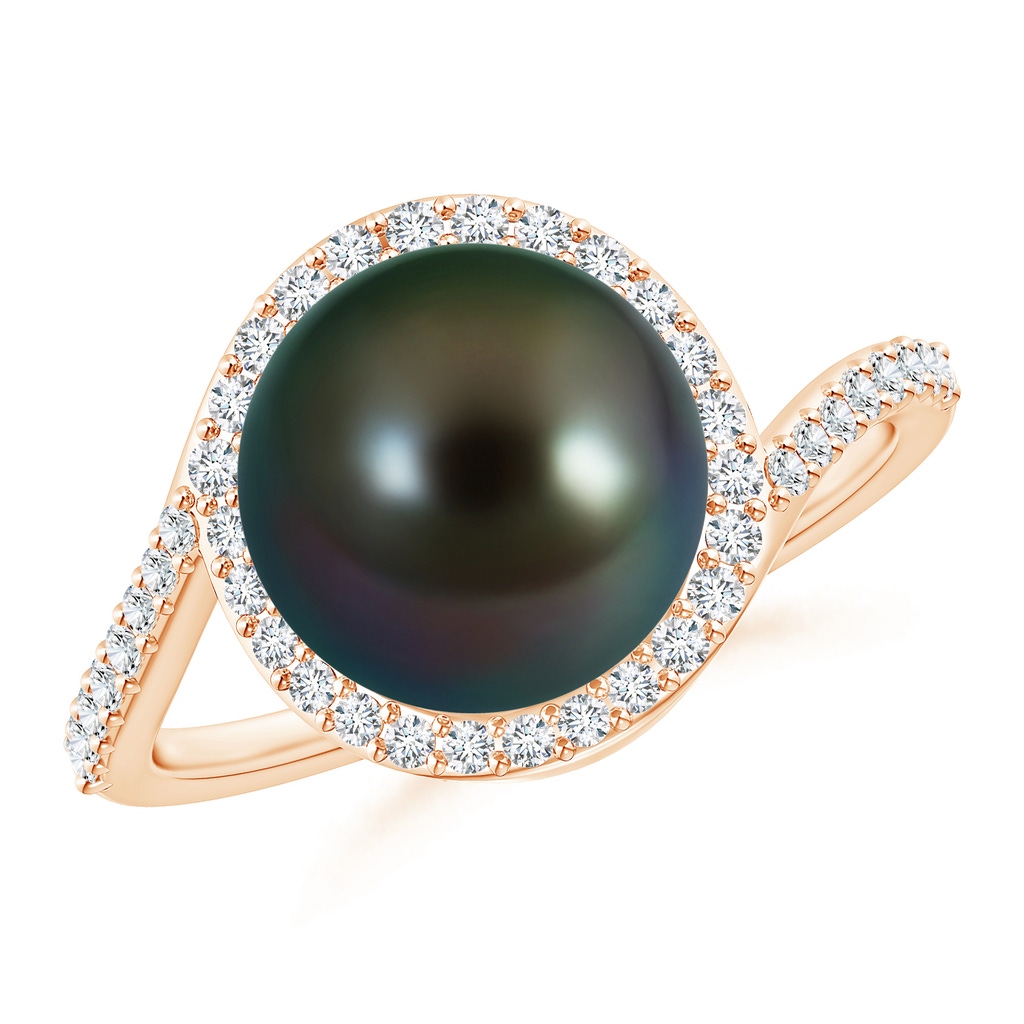 10mm AAAA Tahitian Pearl Bypass Ring with Diamond Halo in Rose Gold
