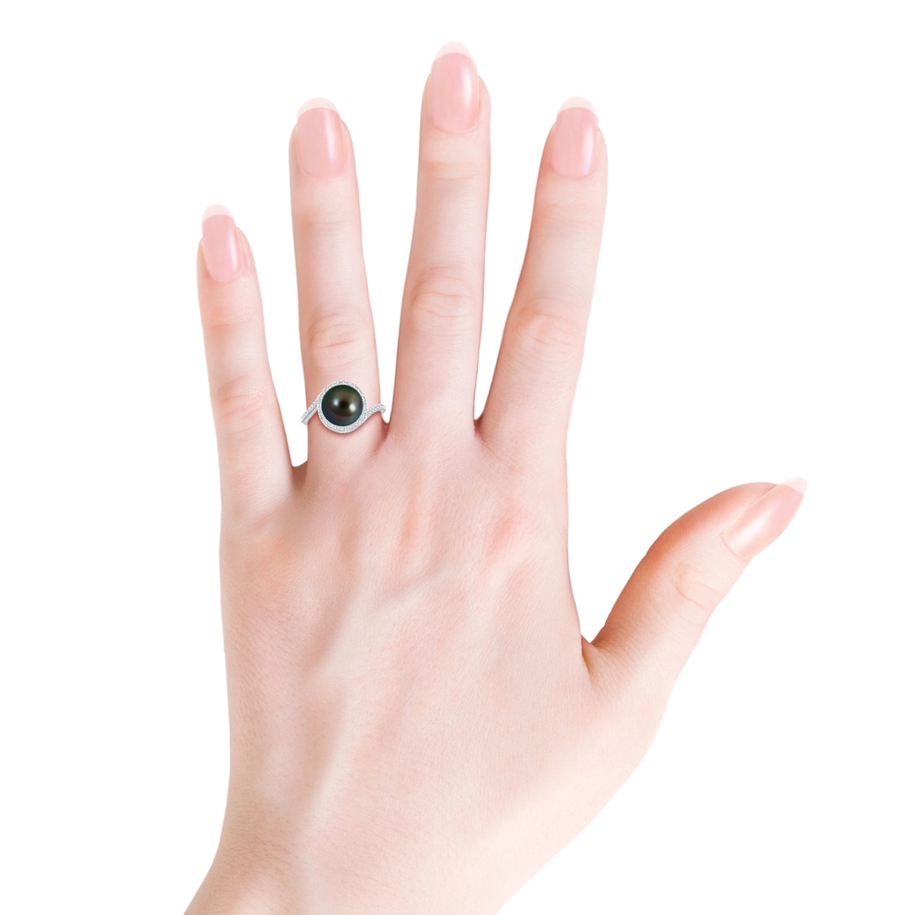 10mm AAAA Tahitian Pearl Bypass Ring with Diamond Halo in White Gold Product Image