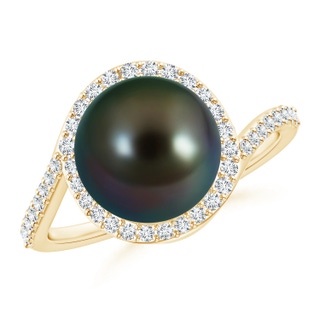 10mm AAAA Tahitian Pearl Bypass Ring with Diamond Halo in Yellow Gold