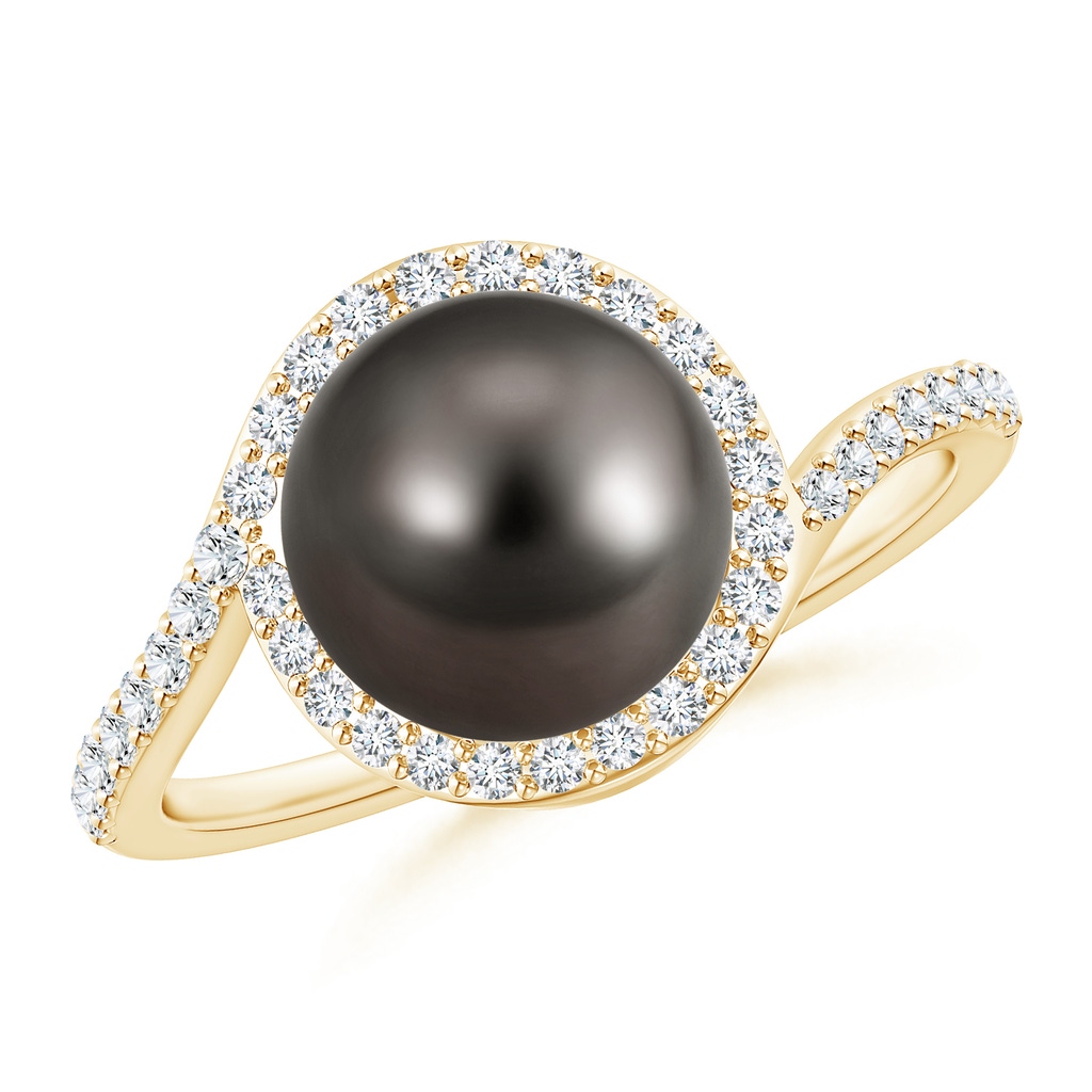 9mm AAA Tahitian Pearl Bypass Ring with Diamond Halo in Yellow Gold