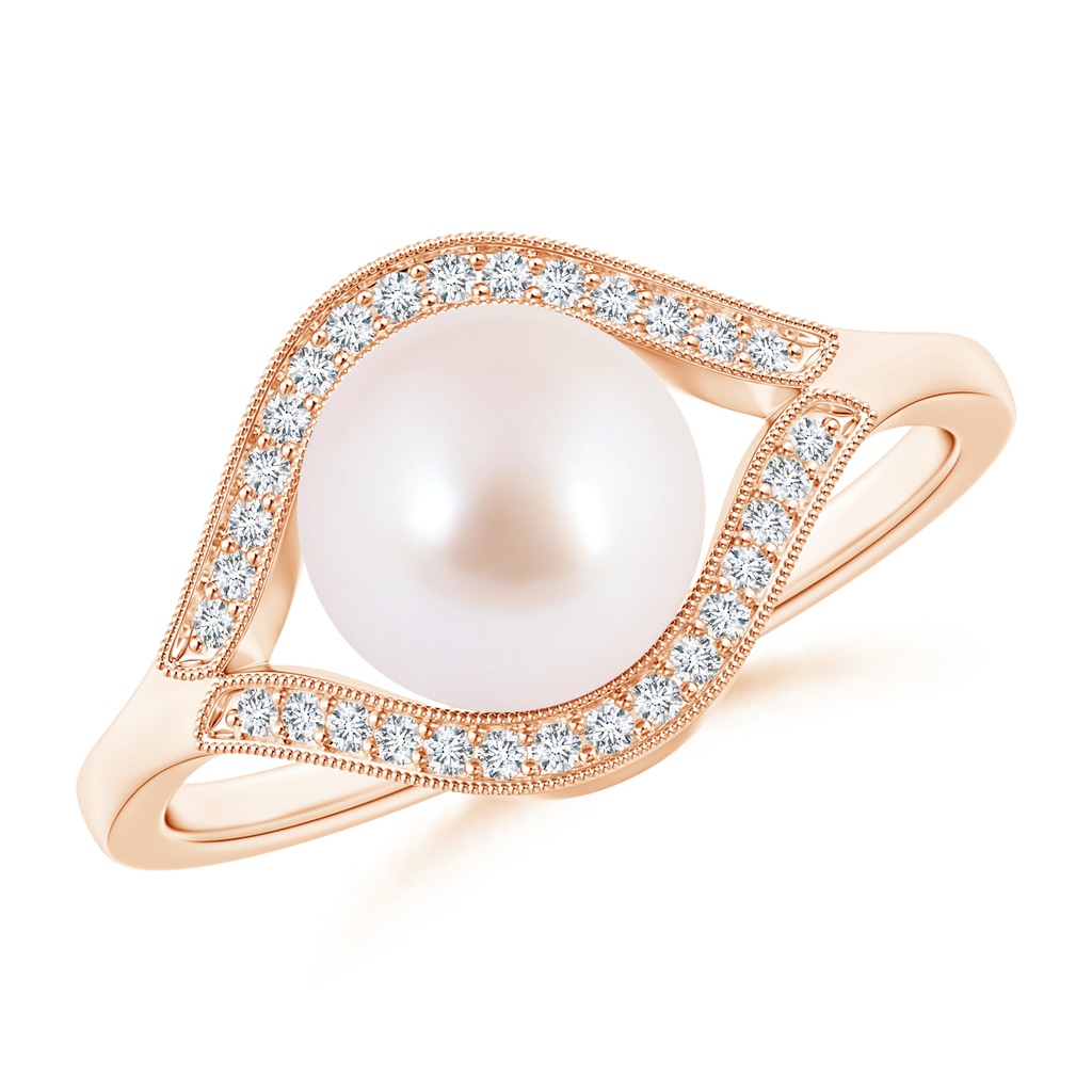 8mm AAA Akoya Cultured Pearl Halo Split Shank Ring in Rose Gold