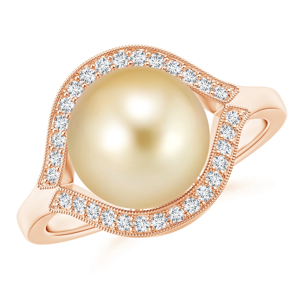 10mm AAAA Golden South Sea Cultured Pearl Halo Split Shank Ring in Rose Gold