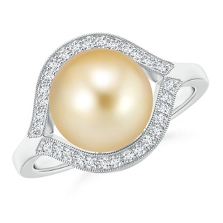 10mm AAAA Golden South Sea Cultured Pearl Halo Split Shank Ring in White Gold