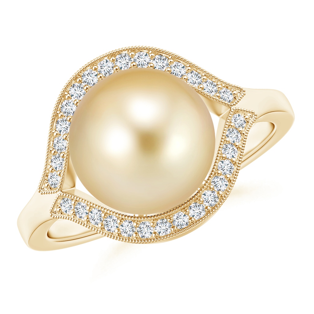 10mm AAAA Golden South Sea Cultured Pearl Halo Split Shank Ring in Yellow Gold