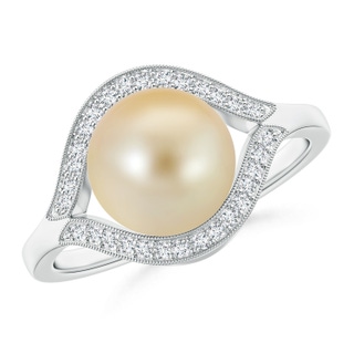 9mm AAA Golden South Sea Cultured Pearl Halo Split Shank Ring in White Gold