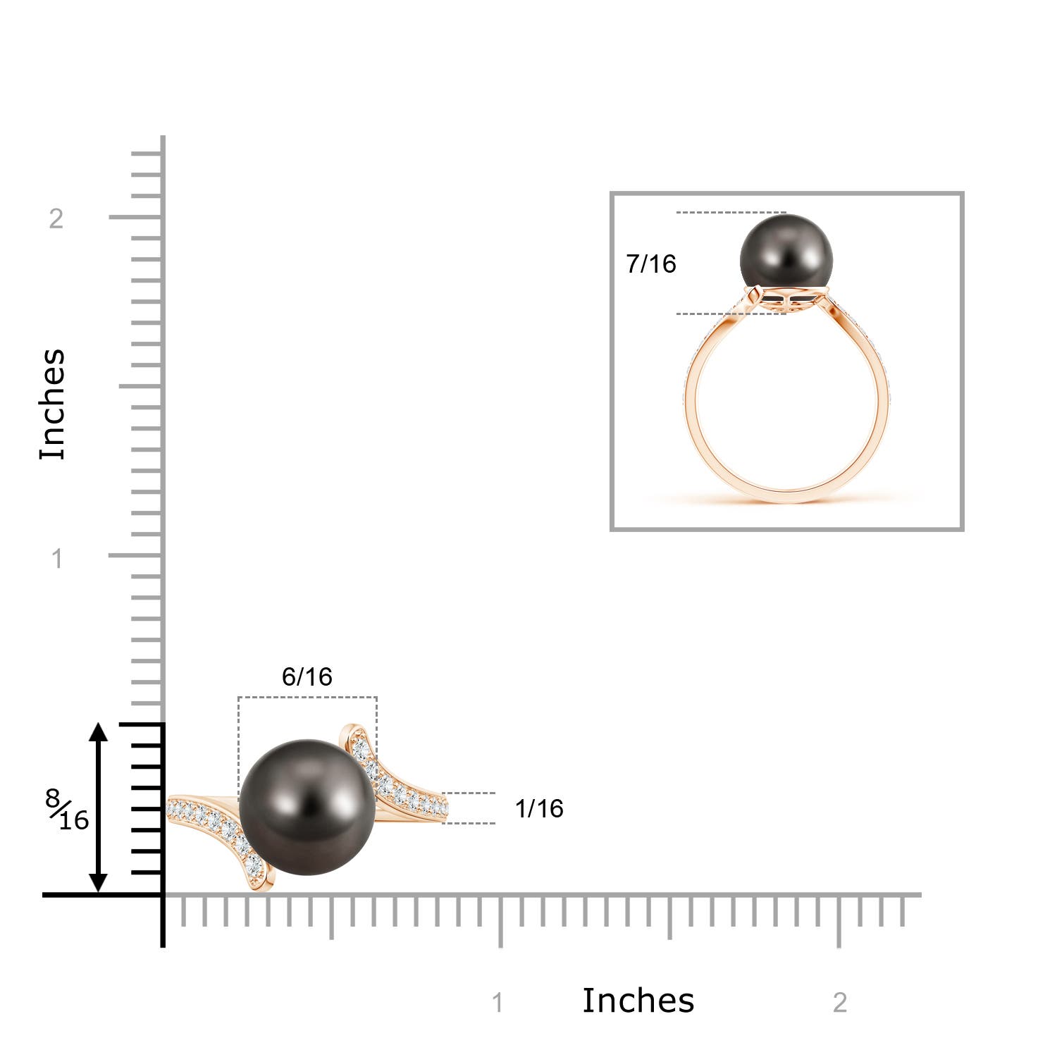 10mm AAA Tahitian Pearl Bypass Ring in Rose Gold - ruler