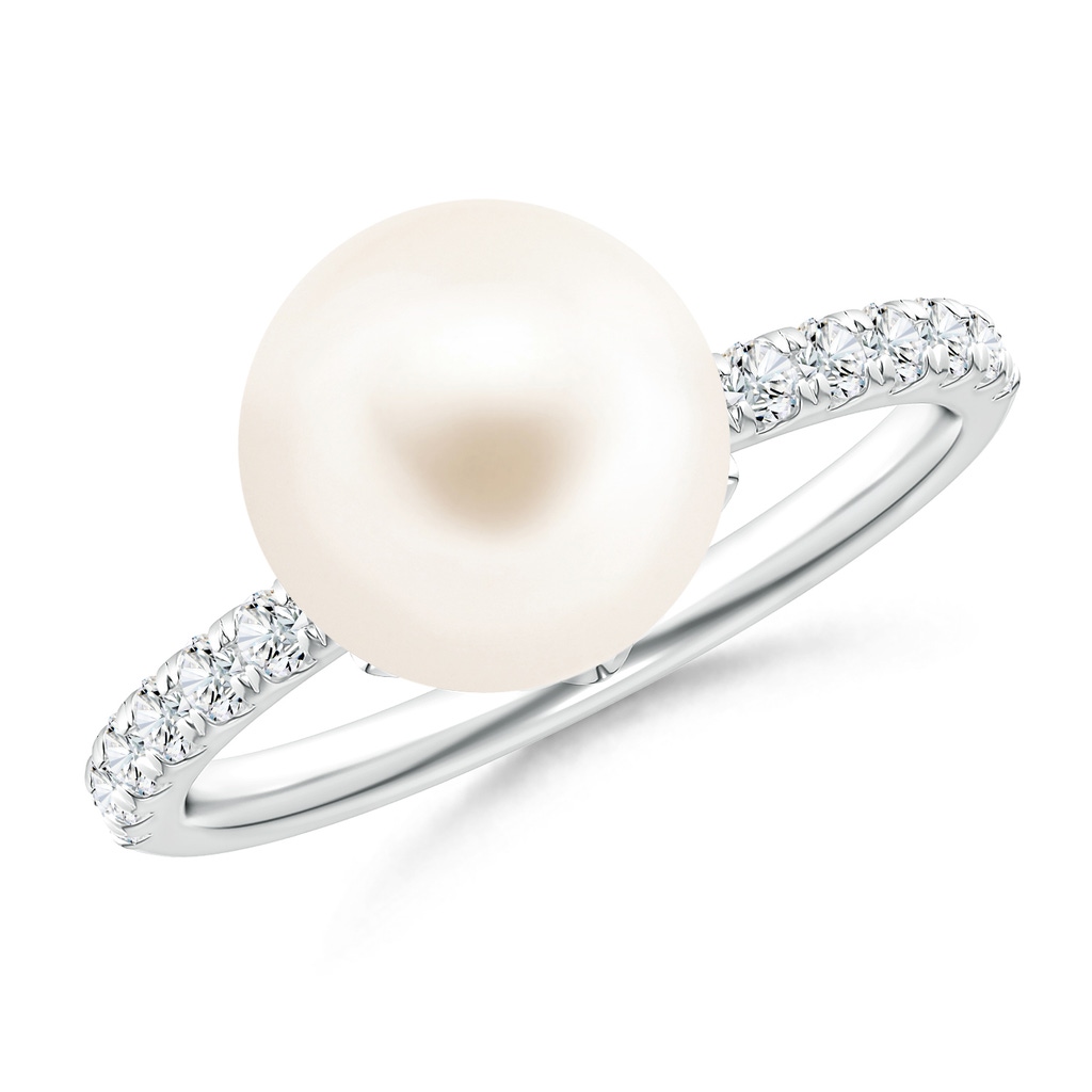 10mm AAA Classic Freshwater Pearl & Diamond Solitaire Ring in White Gold 